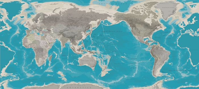 World Map NZ Centered - Blue/Grey - Custom Mural Wallpaper (per m²)