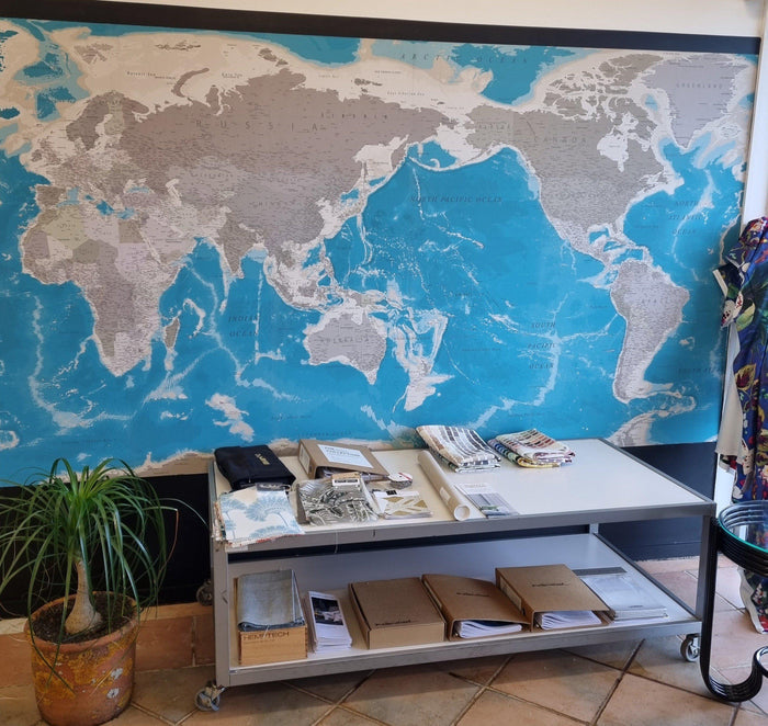 World Map NZ Centered - Blue/Grey - Custom Mural Wallpaper (per m²)