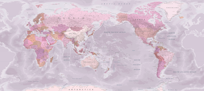 World Map NZ Centered - Pink - Custom Mural Wallpaper (per m²)