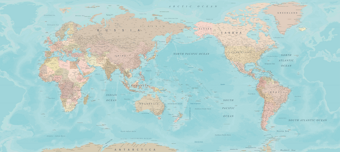 World Map NZ Centre - Dusky Blue - Custom Mural Wallpaper (per m²)