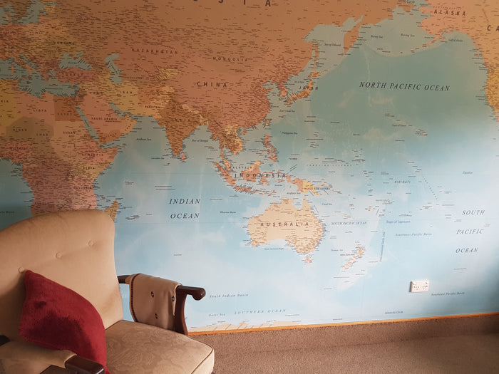 World Map NZ Centre - Dusky Blue - Custom Mural Wallpaper (per m²)