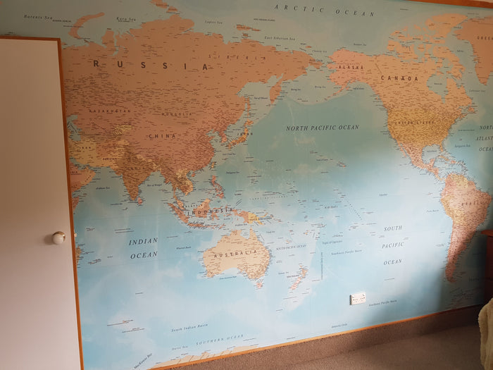 World Map NZ Centre - Dusky Blue - Custom Mural Wallpaper (per m²)