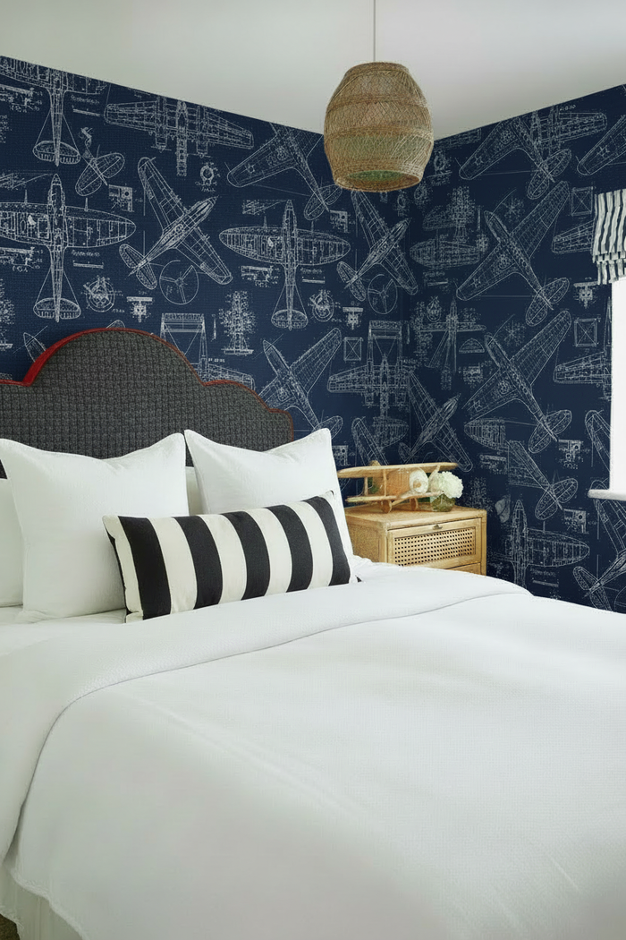 Bedroom with Zoom Airplane Blue wallpaper mural