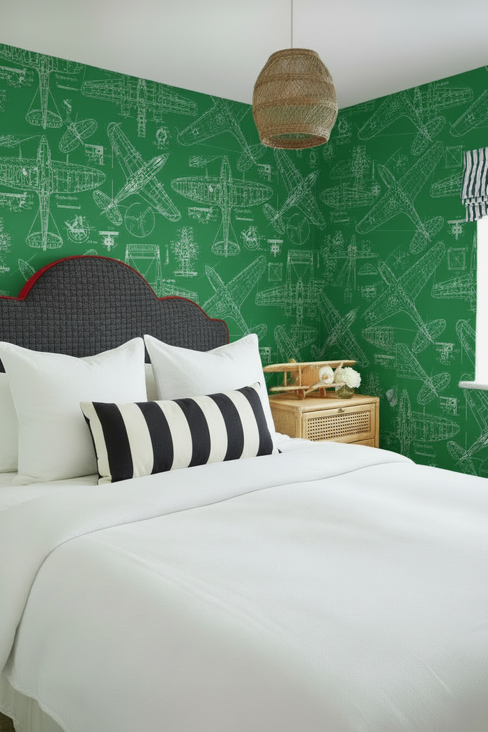 Bedroom with black and white striped cushion and white pillows