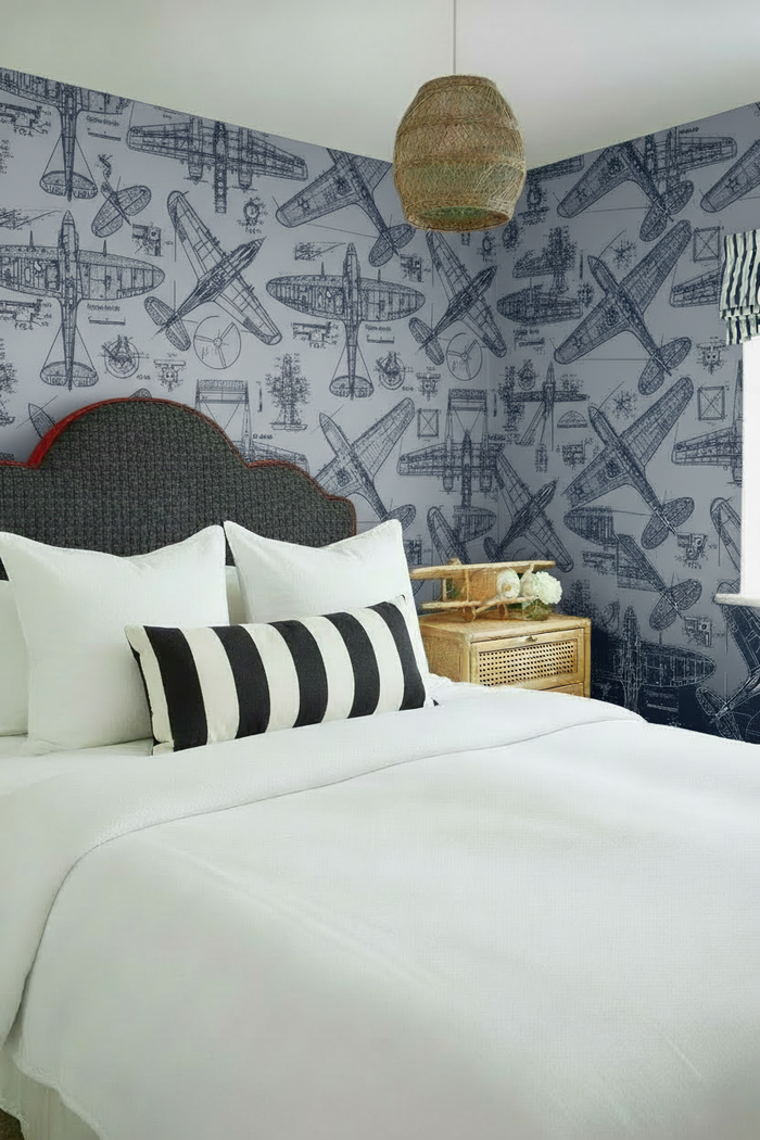 Bedroom with Zoom Airplane Grey wallpaper mural